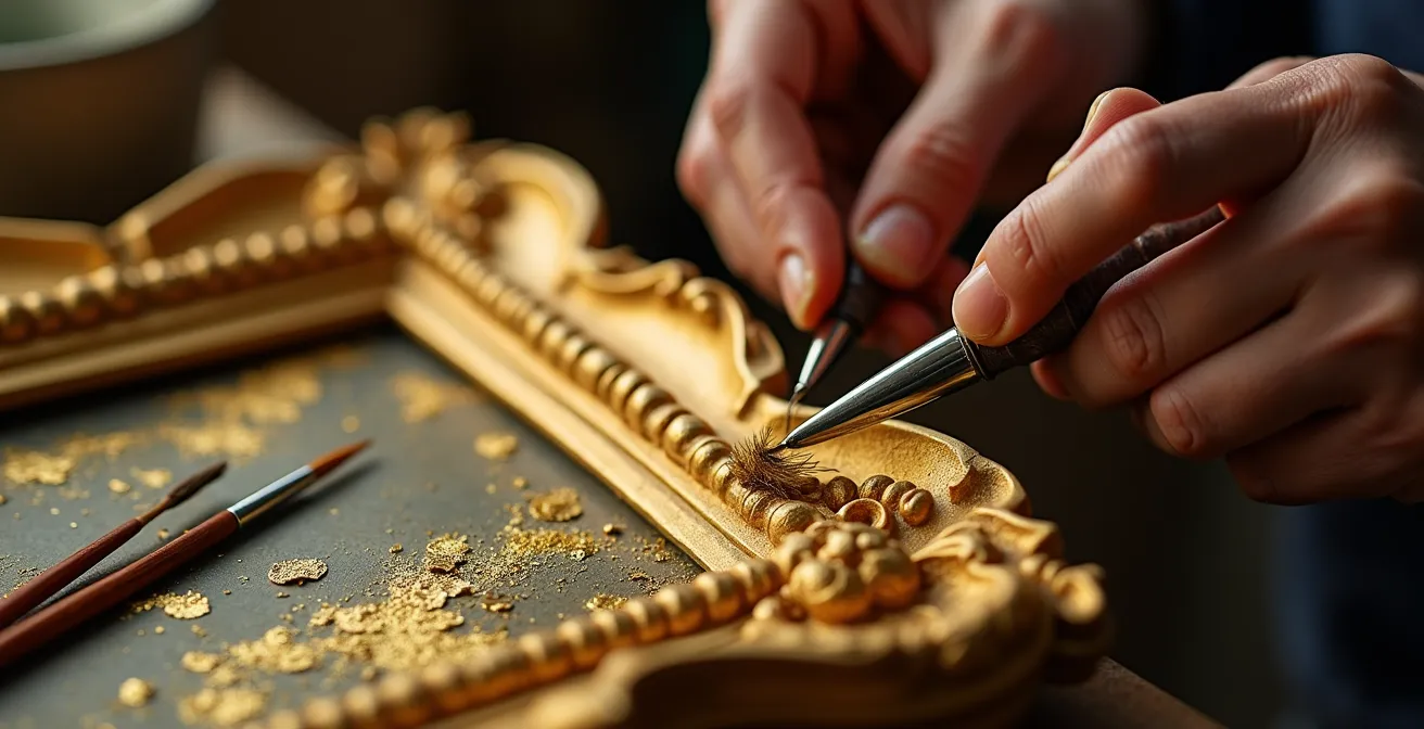 Nahaufnahme von Händen bei der Restaurierung einer historischen Vergoldung