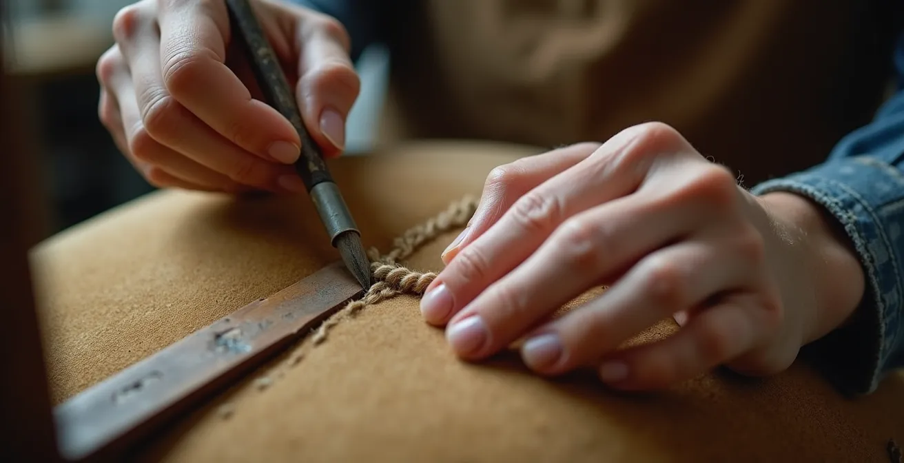 Detailaufnahme eines Gründerzeit-Sessels während reversibler Restaurierung