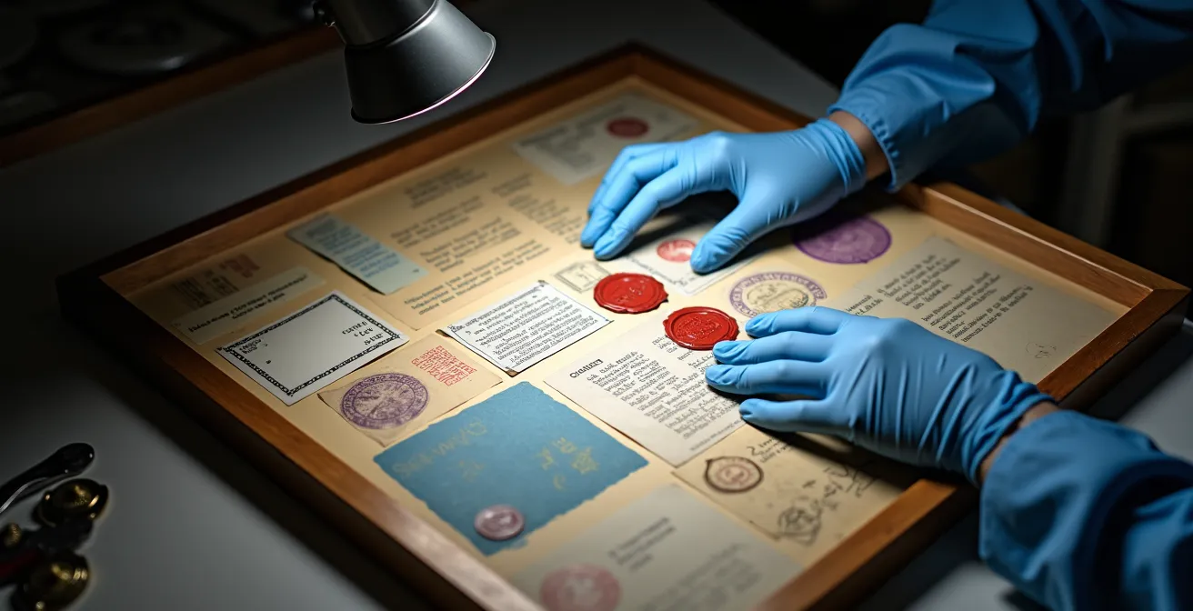 Rückseite eines Gemäldes mit historischen Auktionsetiketten und Stempeln