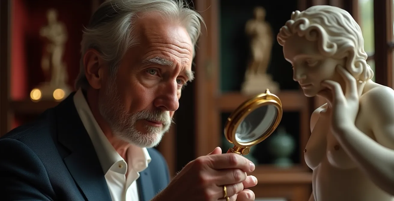 Sammler prüft antike Objekte im eleganten Auktionssaal