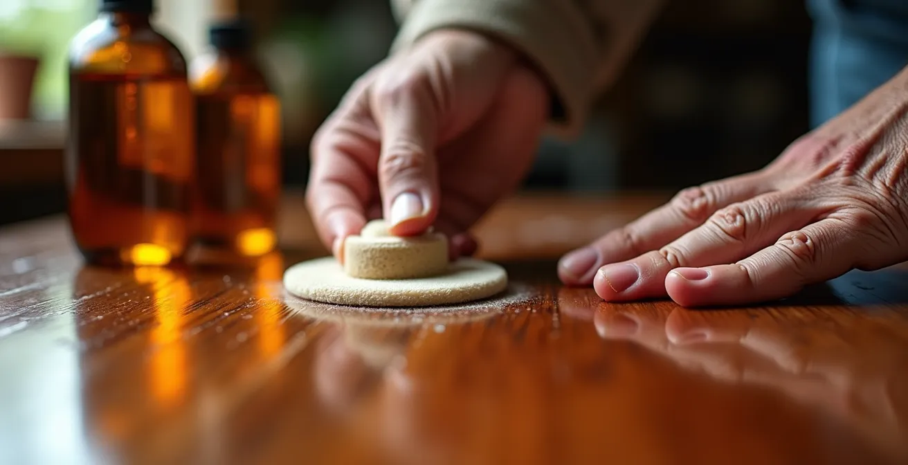 Nahaufnahme einer Schellack-Handpolitur mit einem Polierballen auf einem Biedermeier-Möbel