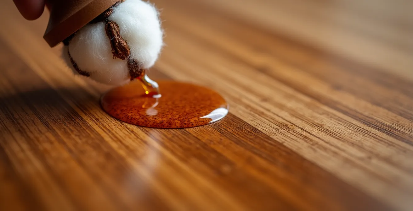 Makroaufnahme von Schellackpolitur auf antikem Kirschbaumholz mit sichtbarer Maserung