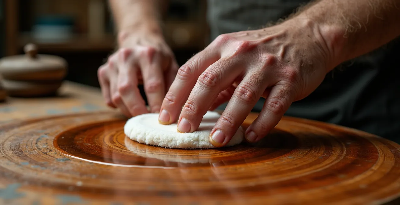 Detailaufnahme der traditionellen Schellack-Handpolitur an einem Biedermeier-Möbelstück