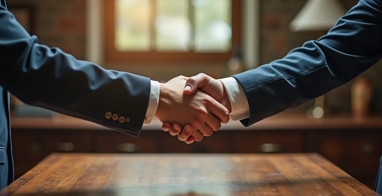 Händeschütteln über antikem Schreibtisch mit verschwommenen digitalen Zahlungssymbolen im Hintergrund