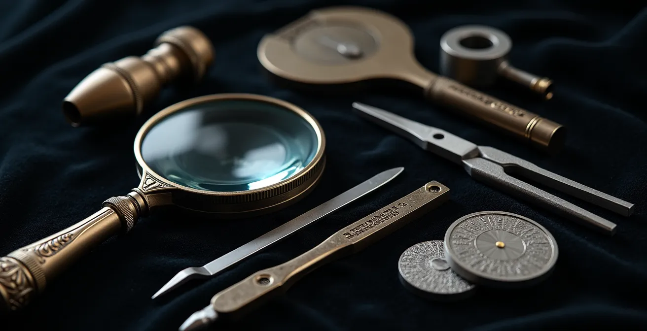 Makroaufnahme verschiedener Prüfwerkzeuge für Edelmetalle auf dunklem Samt, die sichere Alternativen zur Säureprobe darstellen.