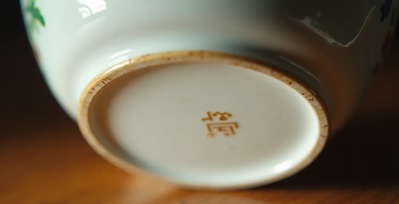 Makroaufnahme eines Blindstempels auf Porzellan im Streiflicht