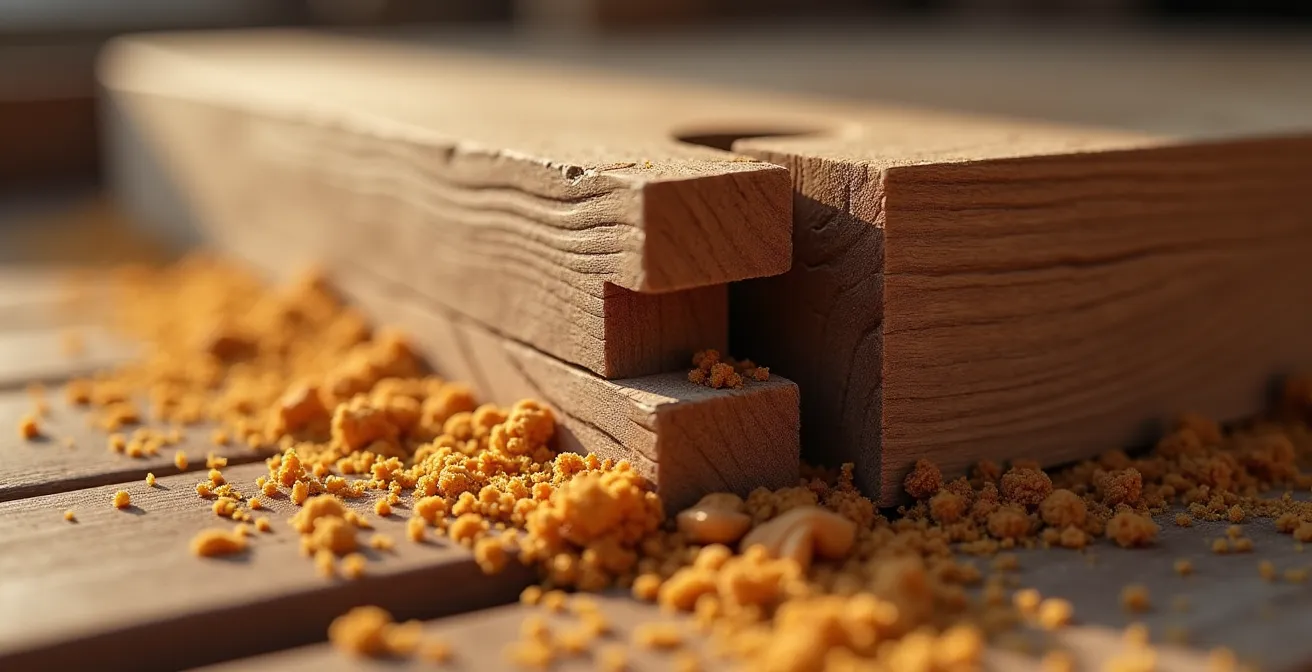 Nahaufnahme einer Schwalbenschwanzverbindung während der Restaurierung mit traditionellem Knochenleim