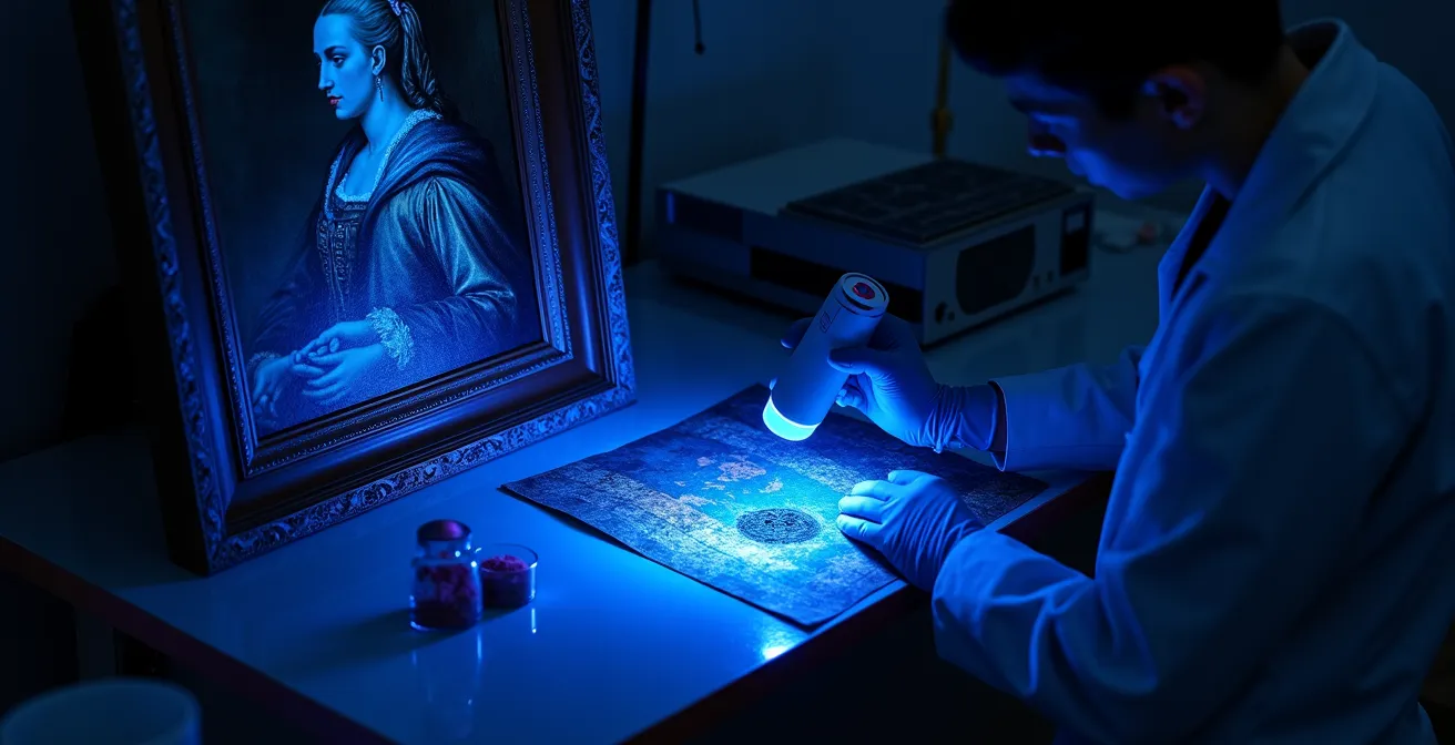 UV-Fluoreszenzanalyse eines historischen Gemäldes im Forschungslabor, das verborgene Retuschen enthüllt.