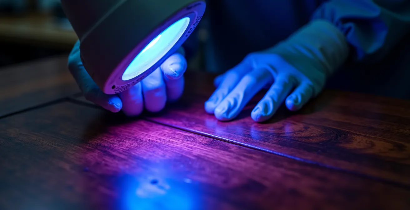 UV-Licht-Analyse zur Identifizierung alter Lackschichten auf einem antiken Möbelstück