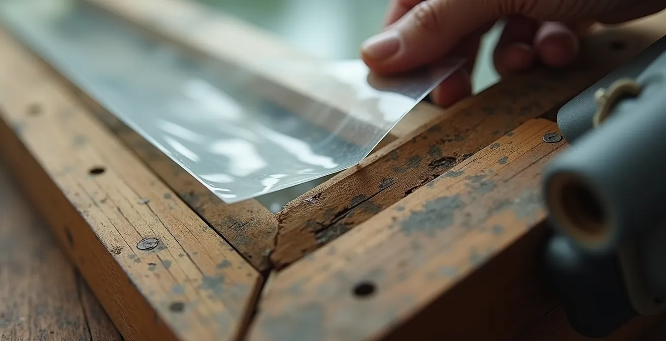 Makroaufnahme einer transparenten UV-Schutzfolie, die sorgfältig auf dem Holzrahmen eines antiken Fensters angebracht wird.
