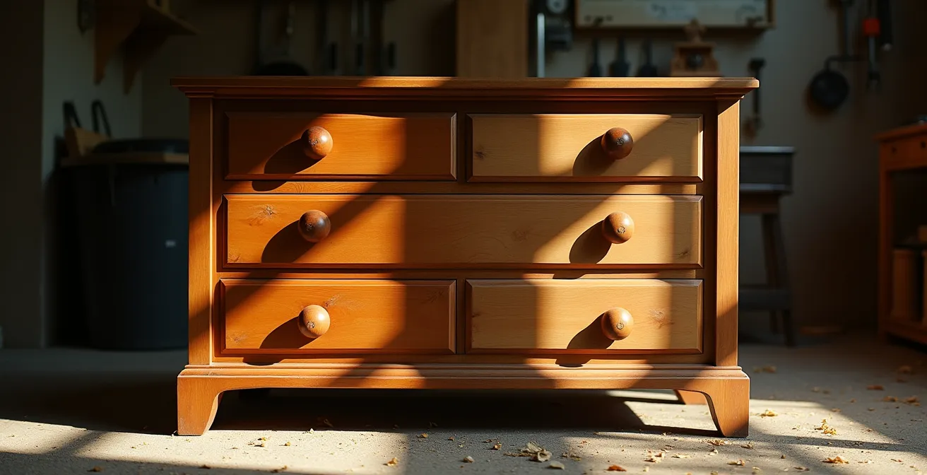 Gegenüberstellung einer typischen Biedermeier-Kommode und einem innovativen Schinkel-Entwurf in einer Restaurierungswerkstatt.