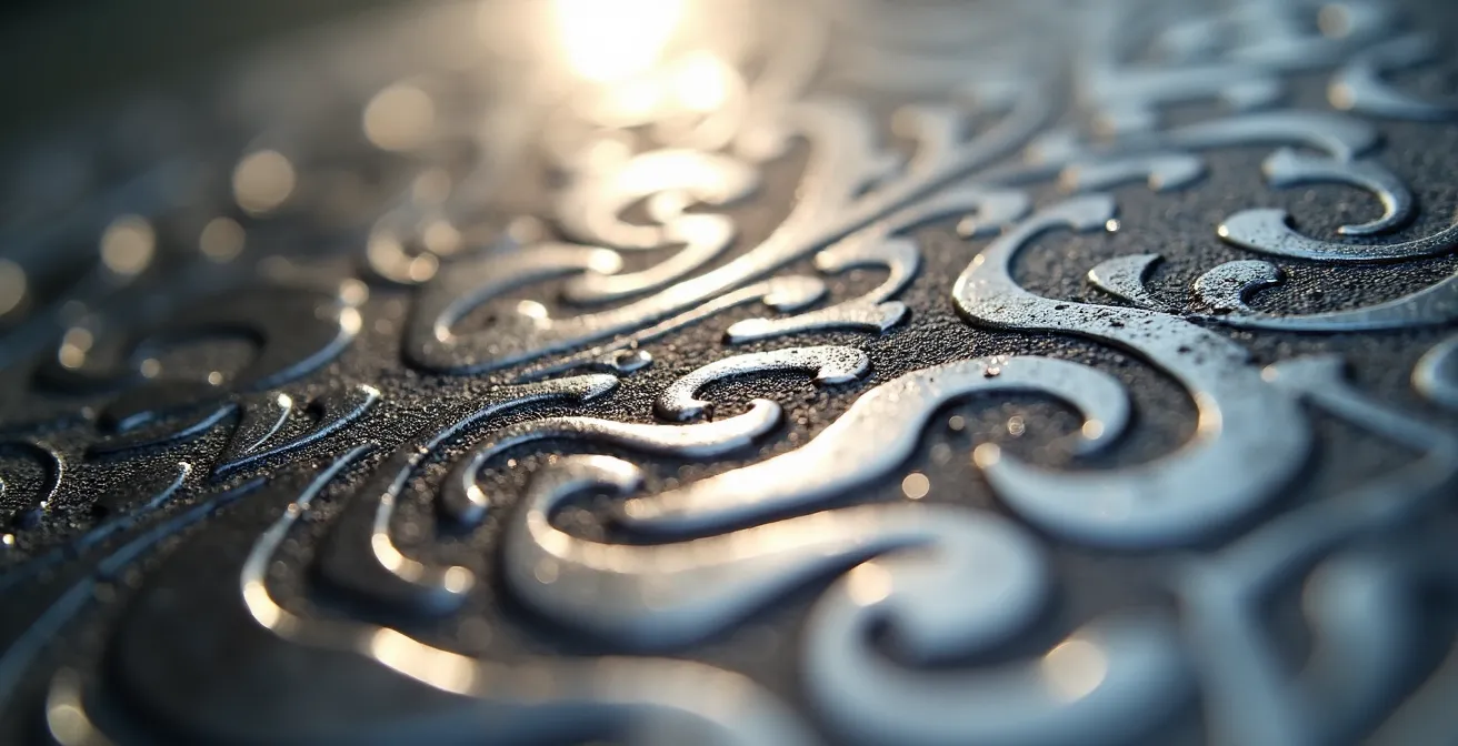 Makroaufnahme von handgefertigten Ziselierungen auf Silberoberfläche