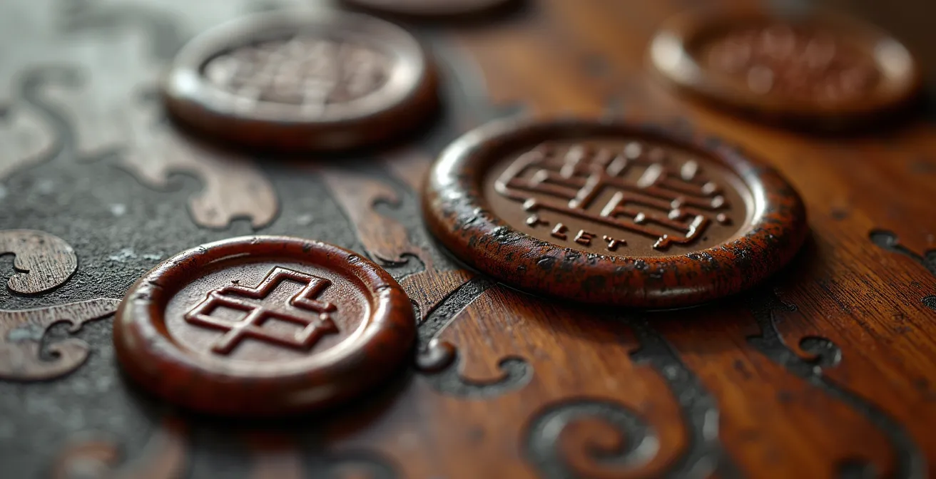 Detailaufnahme historischer Stempel und Zollsiegel auf antikem Holz