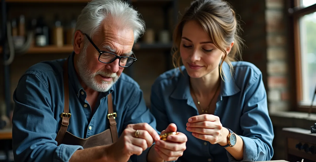 Zwei Experten begutachten gemeinsam eine antike Taschenuhr