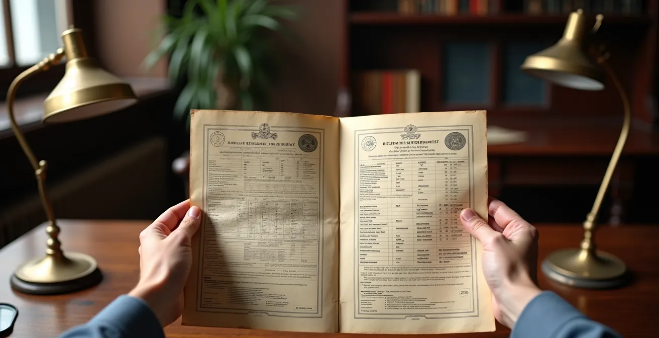 Experte mit zwei verschiedenen Bewertungsformularen in historischem Büro