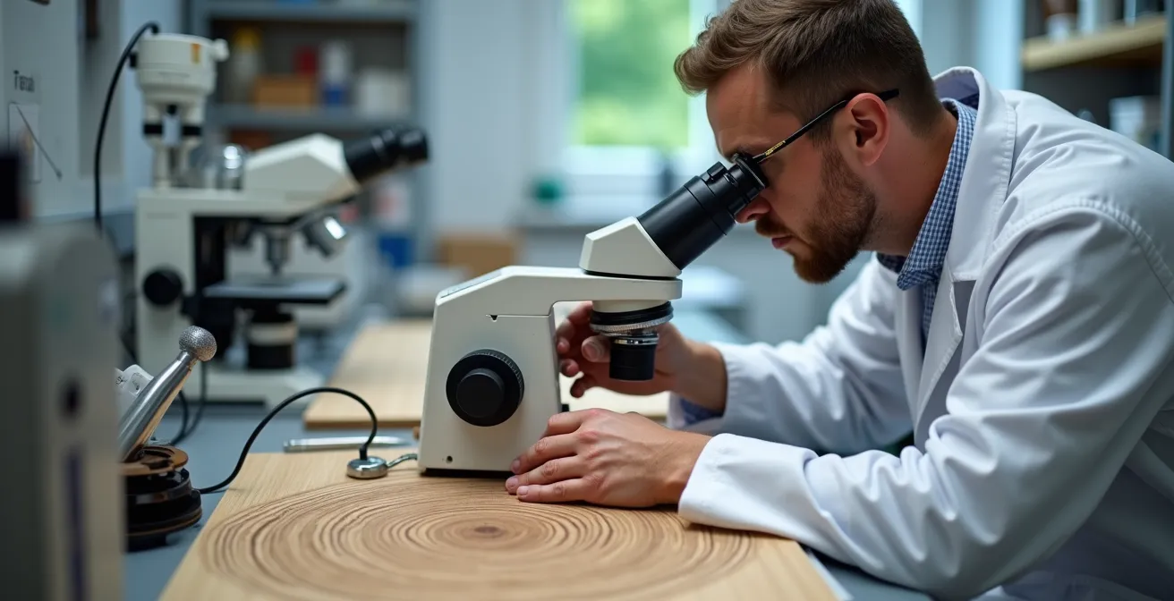 Wissenschaftler analysiert Jahresringe einer alten Eichenholztafel unter dem Mikroskop