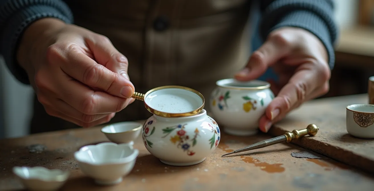 Experte begutachtet antikes Porzellan mit Lupe in deutscher Werkstatt