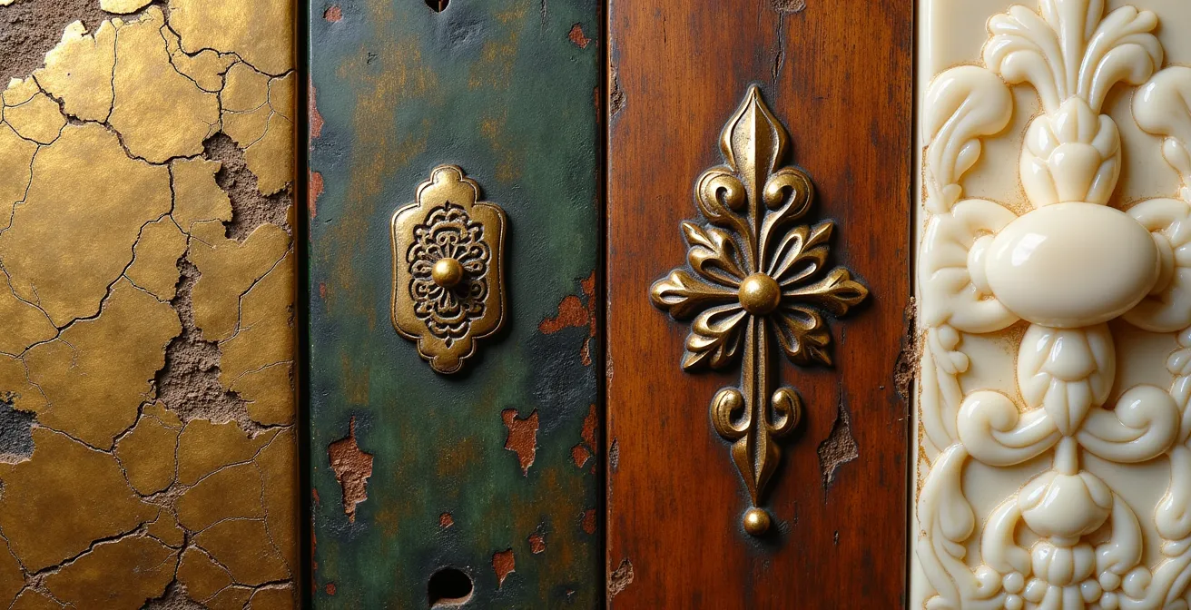 Makroaufnahme verschiedener Oberflächenstrukturen antiker Kunstobjekte