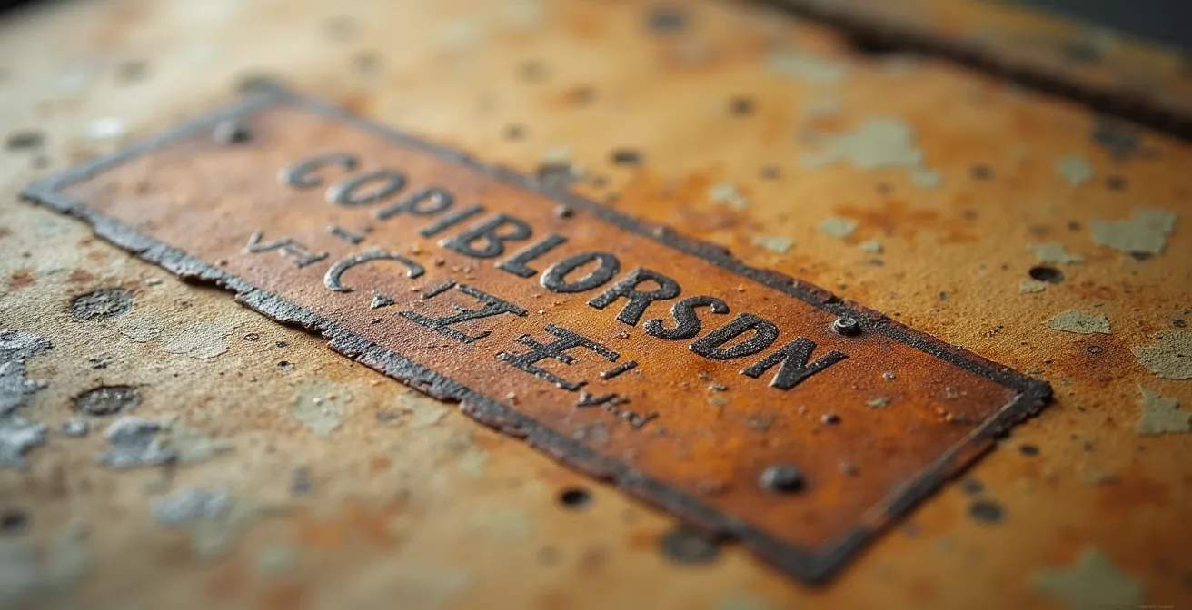 Extreme Makroaufnahme eines historischen Werkstatt-Stempels auf einer Leinwandrückseite